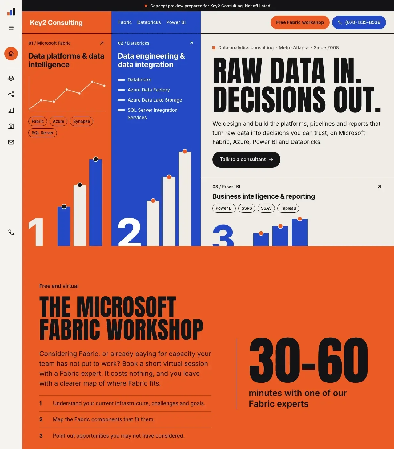 The live home page of the poster direction: orange and cobalt practice panels beside the headline “Raw data in. Decisions out.”